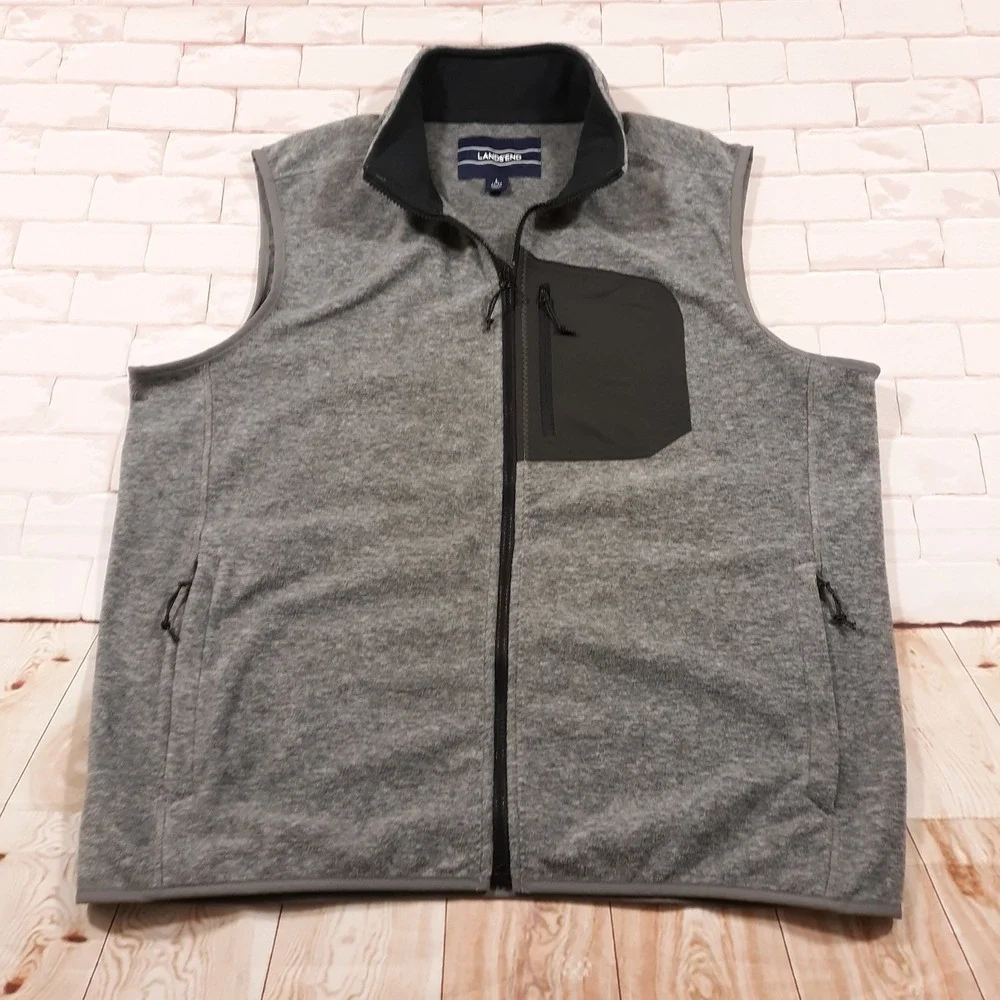 Lands' End Vest Mens Size Large Full Zip Gray Outdoor Travel Fleece Pockets